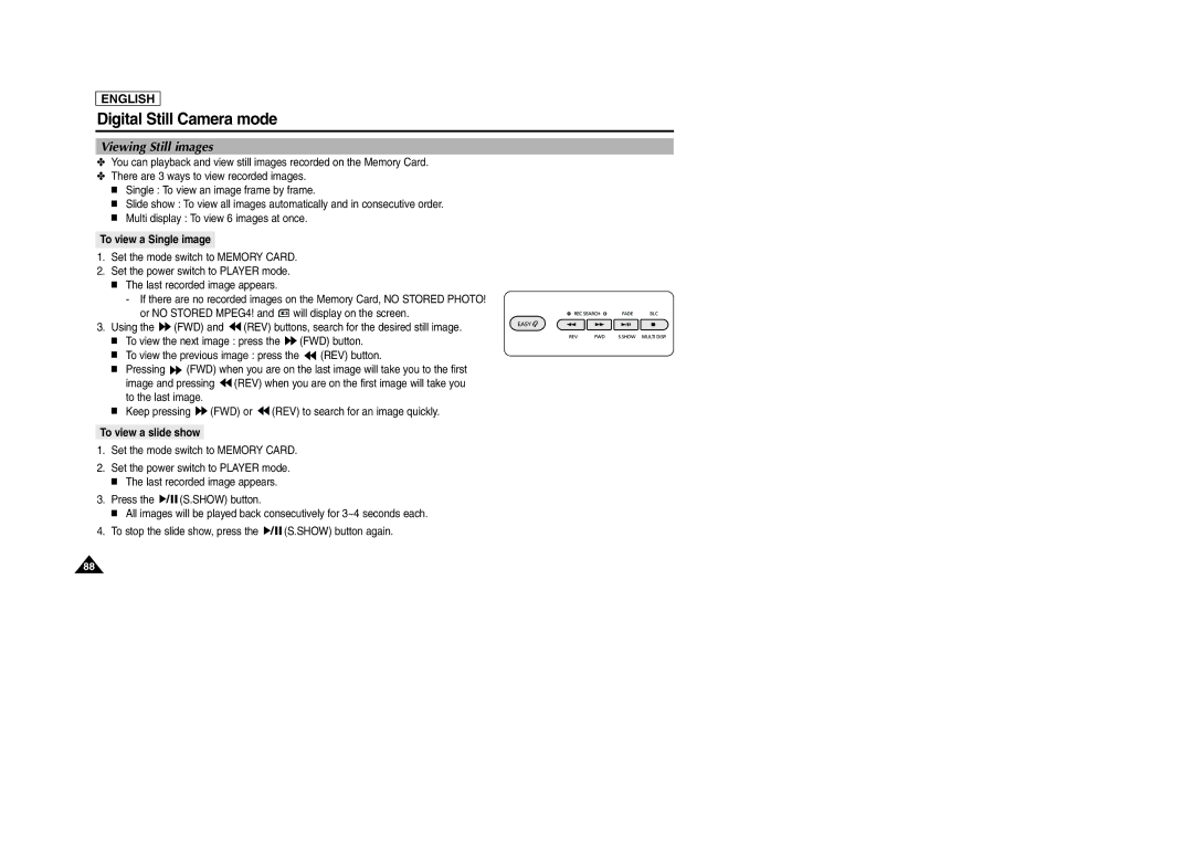 Samsung SCD303 manual Viewing Still images, To view a Single image, To view a slide show 