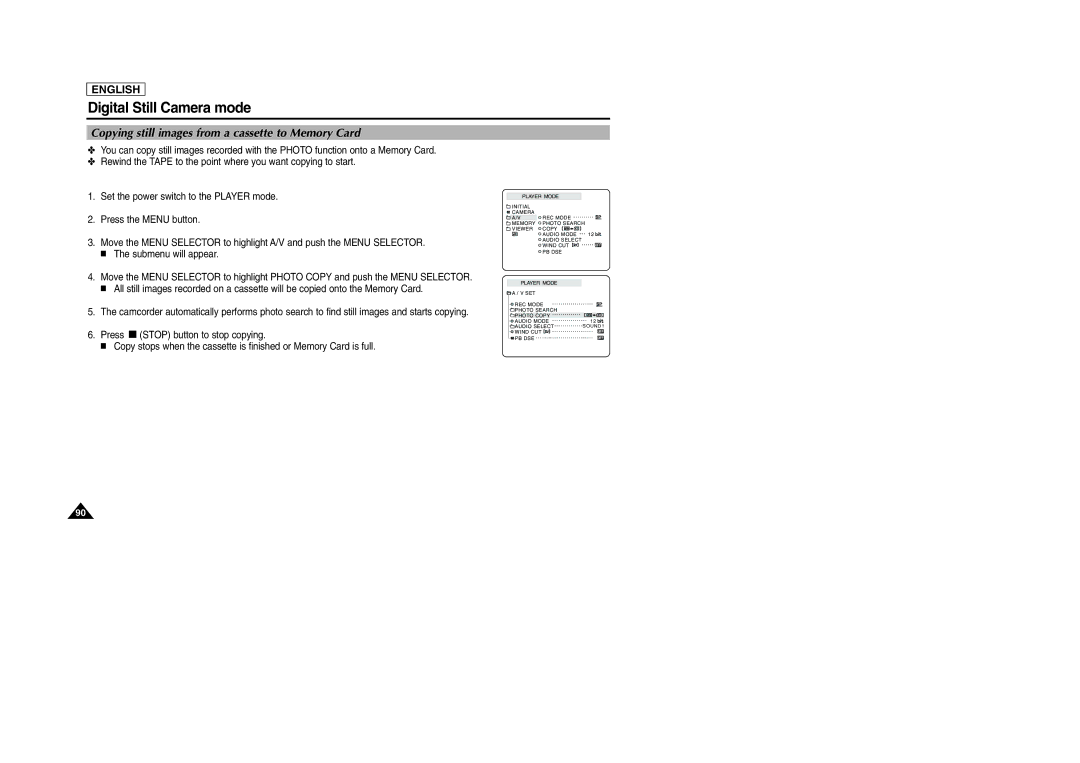 Samsung SCD303 manual Copying still images from a cassette to Memory Card 