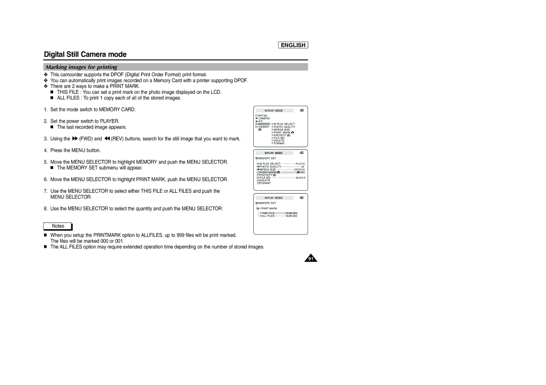 Samsung SCD303 manual Marking images for printing, Menu Selector 