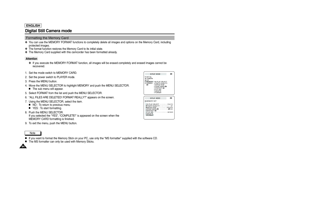 Samsung SCD303 manual Formatting the Memory Card 