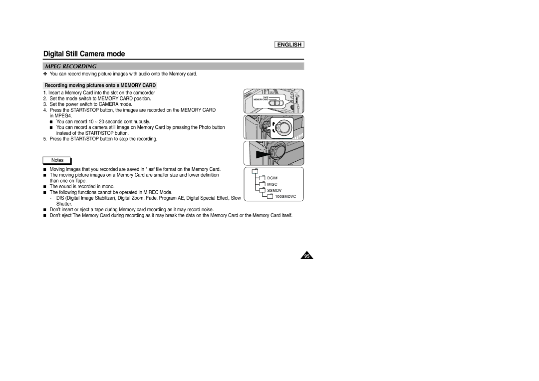 Samsung SCD303 manual Mpeg Recording, Recording moving pictures onto a Memory Card 