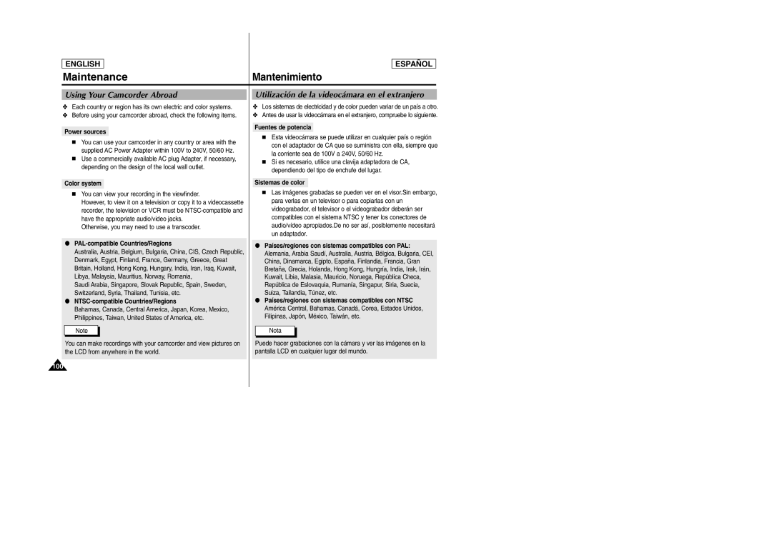 Samsung SCD305, SCD307 manual Using Your Camcorder Abroad, Utilización de la videocámara en el extranjero 