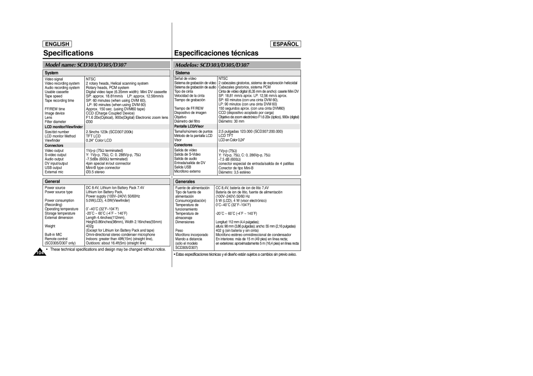 Samsung SCD305, SCD307 manual Especificaciones técnicas, System, Sistema, General Generales 