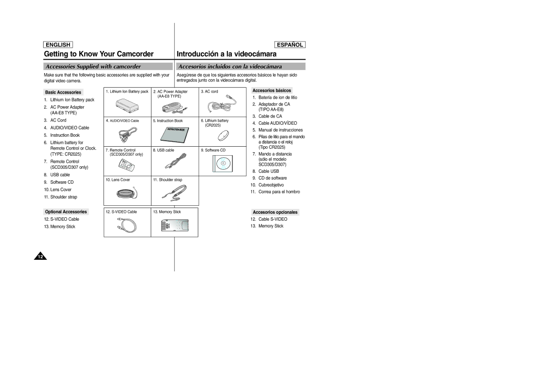 Samsung SCD305, SCD307 manual Accessories Supplied with camcorder, Accesorios incluidos con la videocámara 