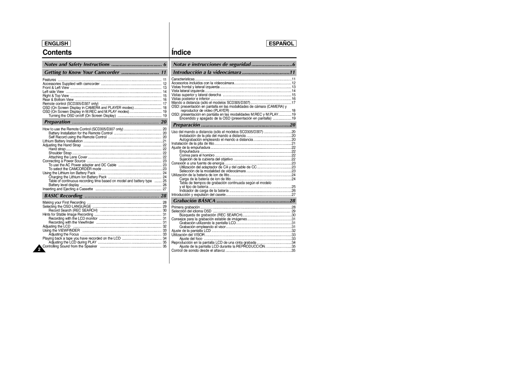 Samsung SCD305, SCD307 manual Contents Índice 