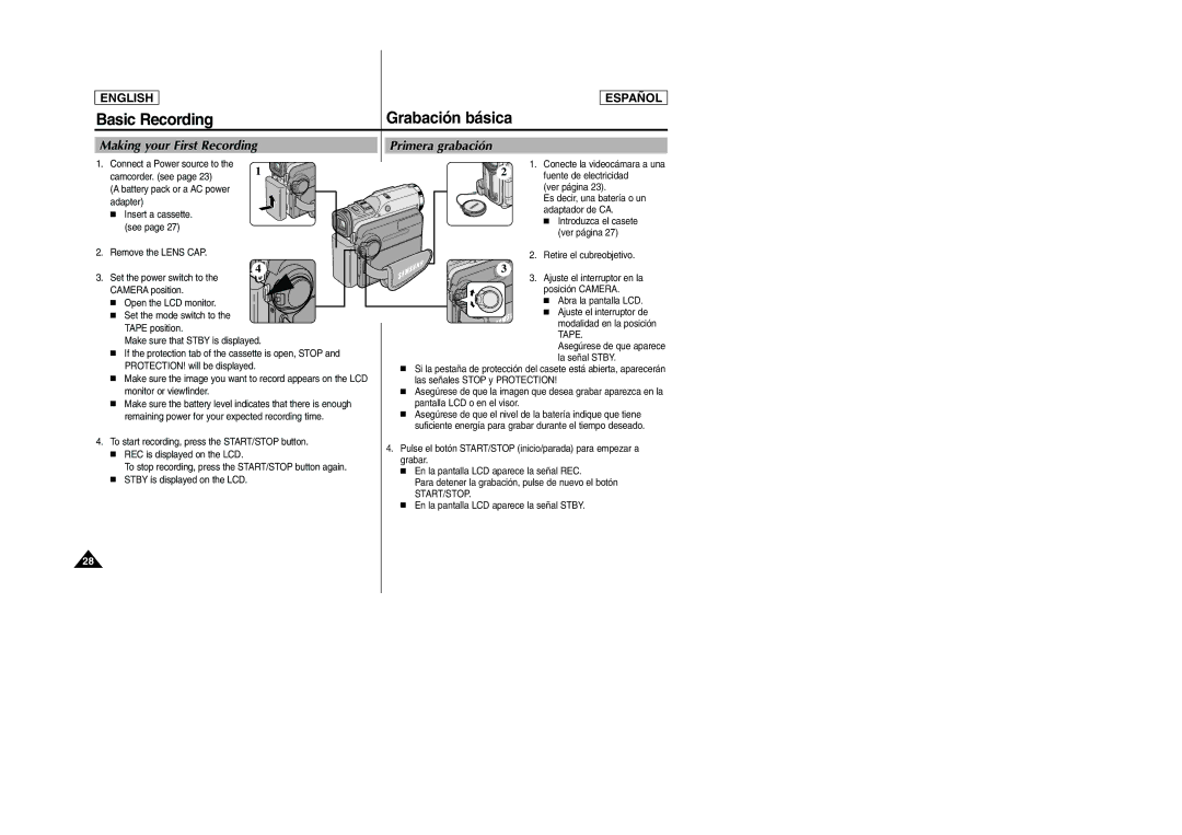 Samsung SCD305, SCD307 manual Basic Recording, Grabación básica, Making your First Recording, Primera grabación, Start/Stop 