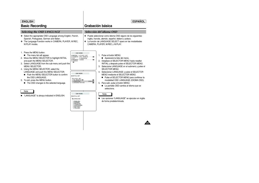 Samsung SCD307, SCD305 manual Selecting the OSD Language, Selección del idioma OSD, Menu Selector, Selector Menú 