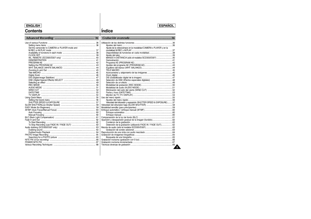 Samsung SCD307, SCD305 manual Contents Índice 