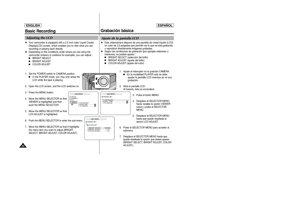 Samsung SCD305, SCD307 manual Adjusting the LCD, Ajuste de la pantalla LCD, Bright Select Bright Adjust Color Adjust, Menú 