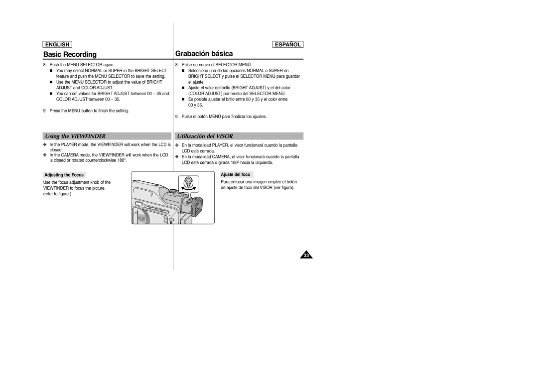 Samsung SCD307, SCD305 manual Using the Viewfinder, Utilización del Visor, Push the Menu Selector again, Adjusting the Focus 