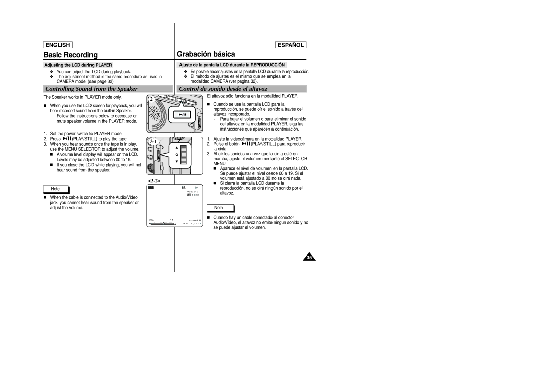 Samsung SCD307 Controlling Sound from the Speaker, Control de sonido desde el altavoz, Adjusting the LCD during Player 