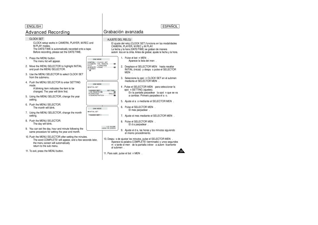 Samsung SCD307, SCD305 manual Clock SET Ajuste DEL Reloj, Clock setup works in CAMERA, PLAYER, M.REC and M.PLAY modes 