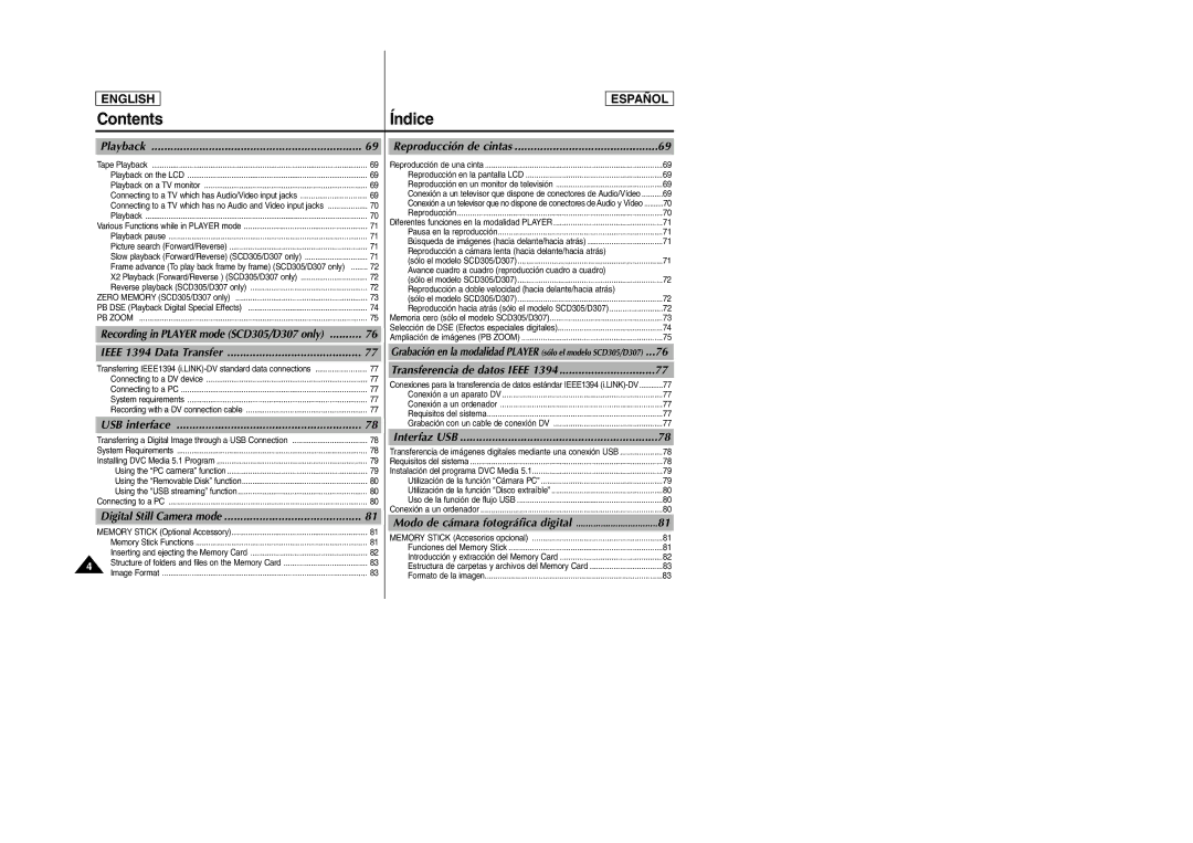 Samsung SCD305, SCD307 manual Contents Índice 