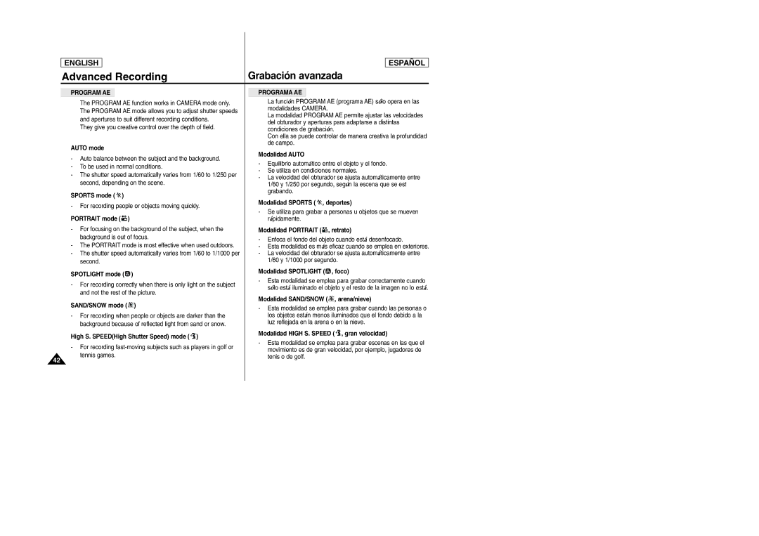 Samsung SCD305, SCD307 manual Program AE, Programa AE 