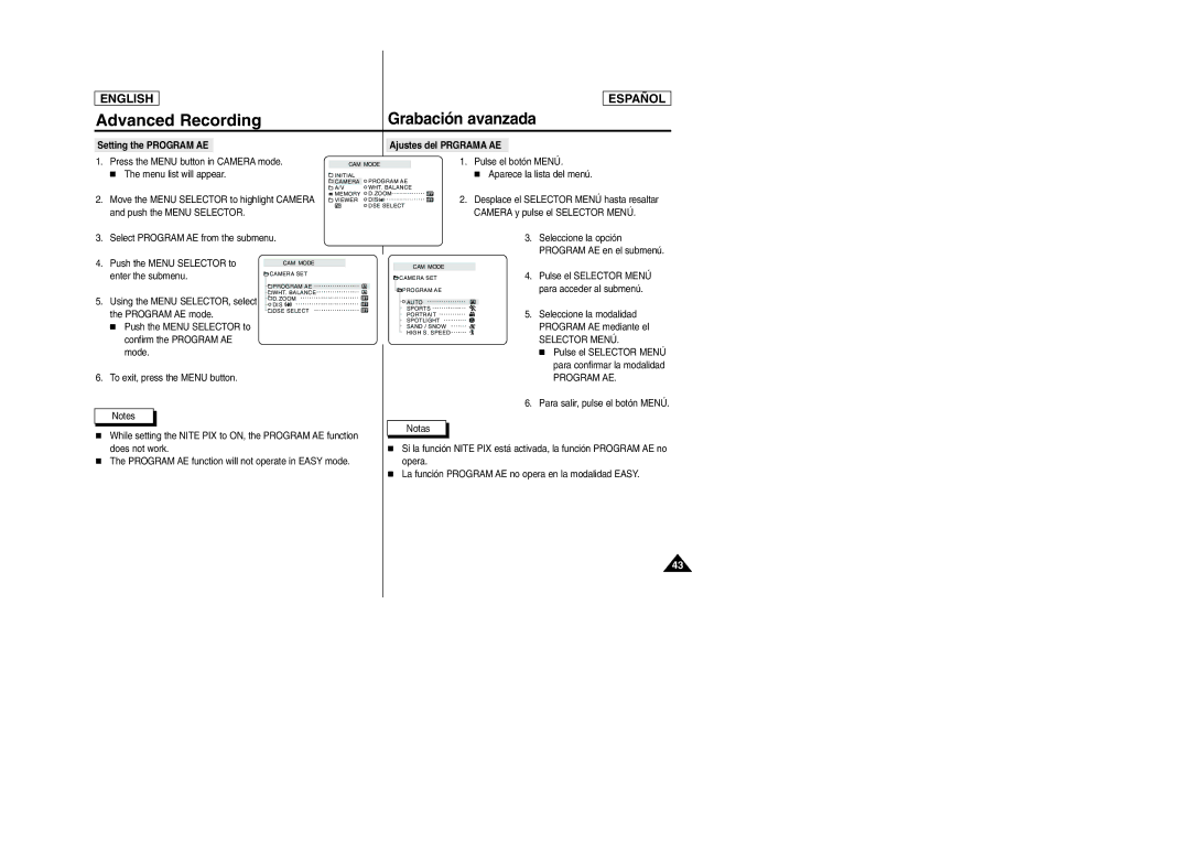 Samsung SCD307, SCD305 manual Advanced Recording, Ajustes del Prgrama AE, Program AE 