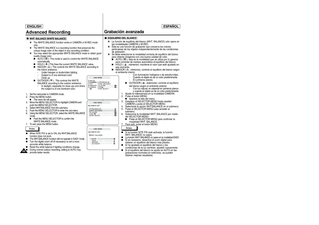 Samsung SCD305, SCD307 manual Grabación avanzada, Auto, Hold, Indoor 