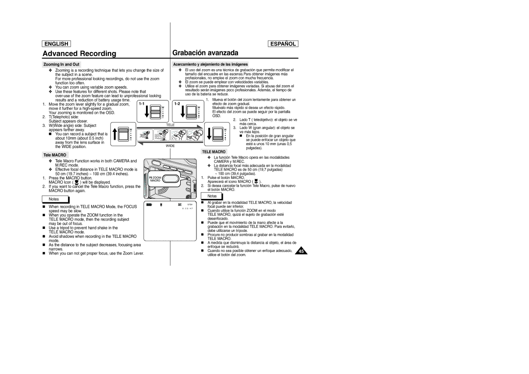 Samsung SCD307, SCD305 manual Zooming In and Out, Acercamiento y alejamiento de las imágenes, Osd, Tele Macro 