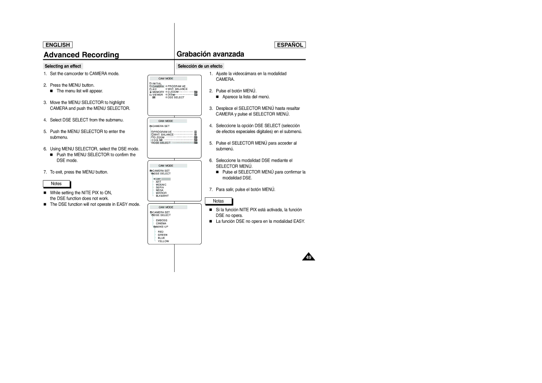 Samsung SCD307, SCD305 manual Selecting an effect Selección de un efecto, While setting the Nite PIX to on 