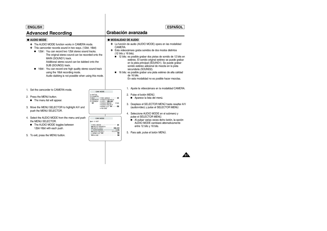 Samsung SCD307, SCD305 manual Audio Mode function works in Camera mode, Modalidad DE Audio 