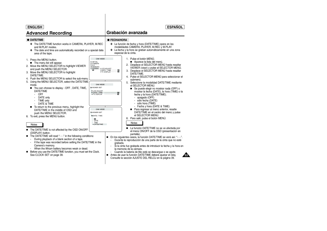 Samsung SCD307, SCD305 manual Fecha/Hora, Date/Time, Off, Date & Time 