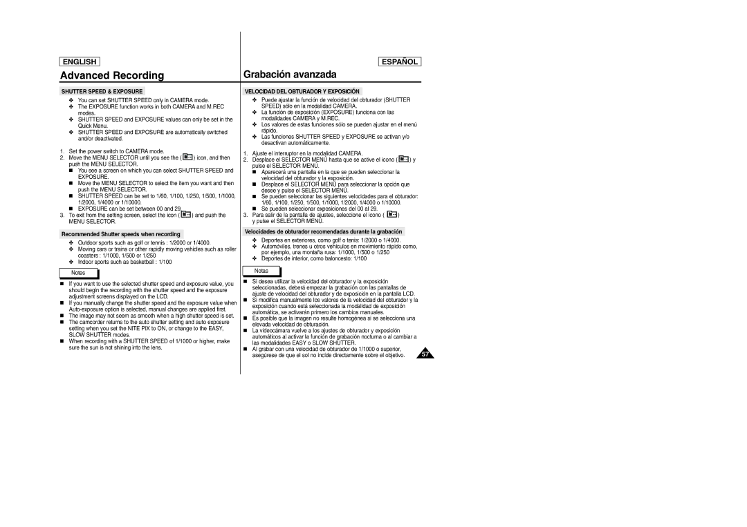 Samsung SCD307, SCD305 manual Exposure, Recommended Shutter speeds when recording 