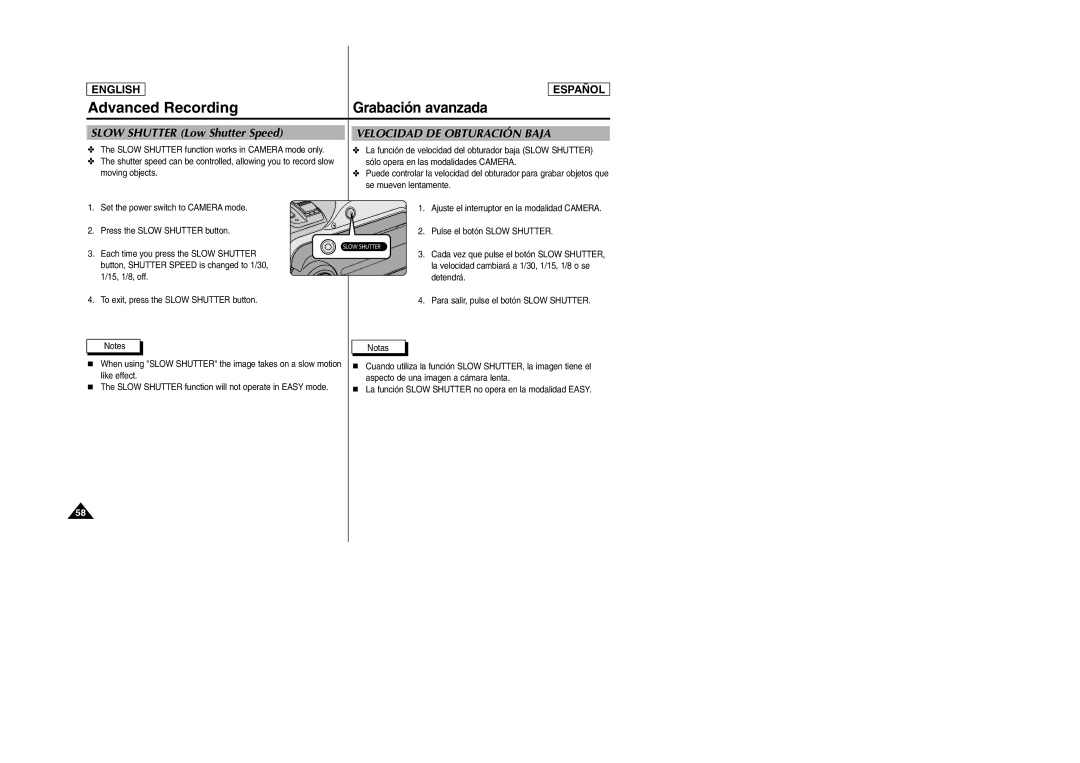 Samsung SCD305, SCD307 manual Advanced Recording, Slow Shutter Low Shutter Speed 