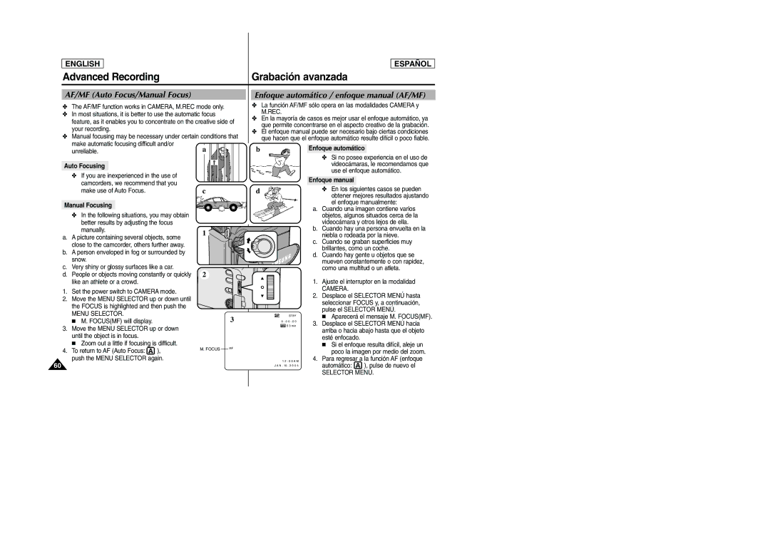Samsung SCD305 Advanced Recording Grabación avanzada, Enfoque automático, Auto Focusing, Enfoque manual, Manual Focusing 