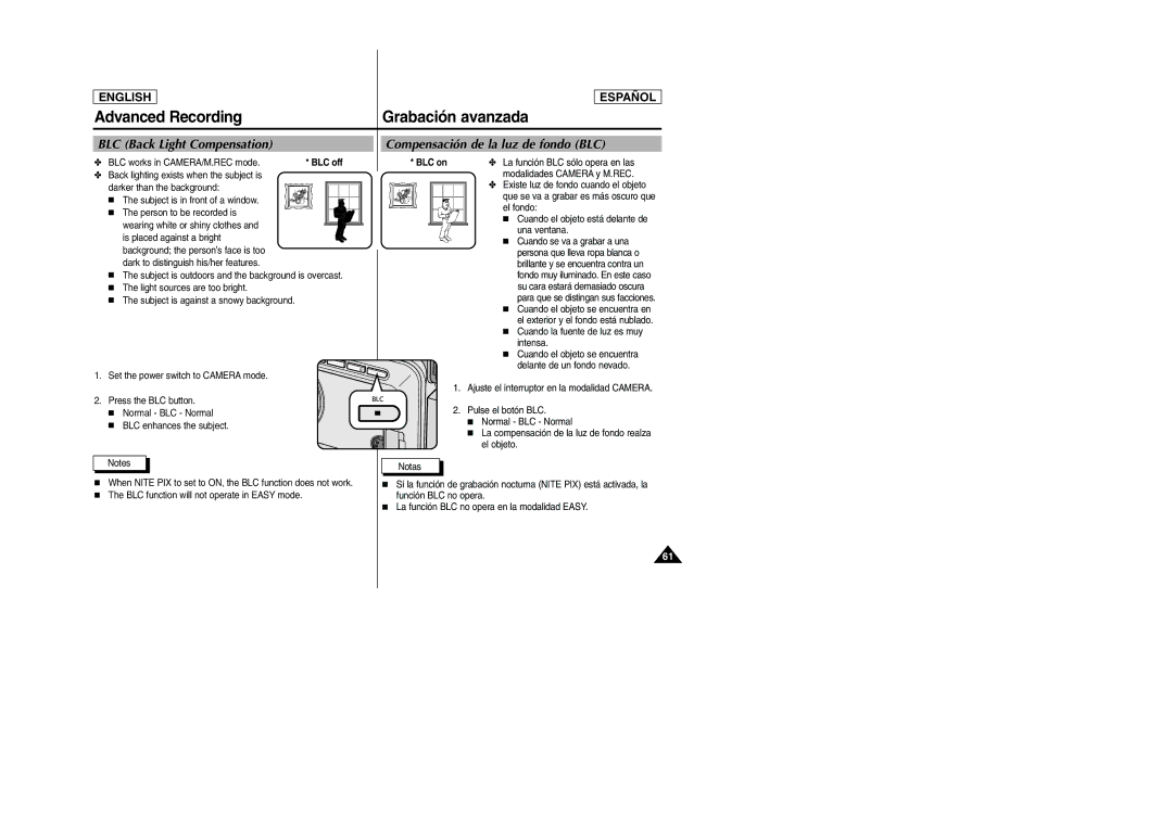 Samsung SCD307, SCD305 manual BLC Back Light Compensation, Compensación de la luz de fondo BLC, BLC on 