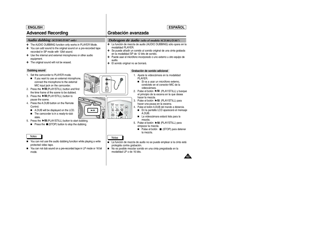 Samsung SCD307, SCD305 manual Dubbing sound, Set the camcorder to Player mode, MIC input jack on the camcorder, Videocámara 