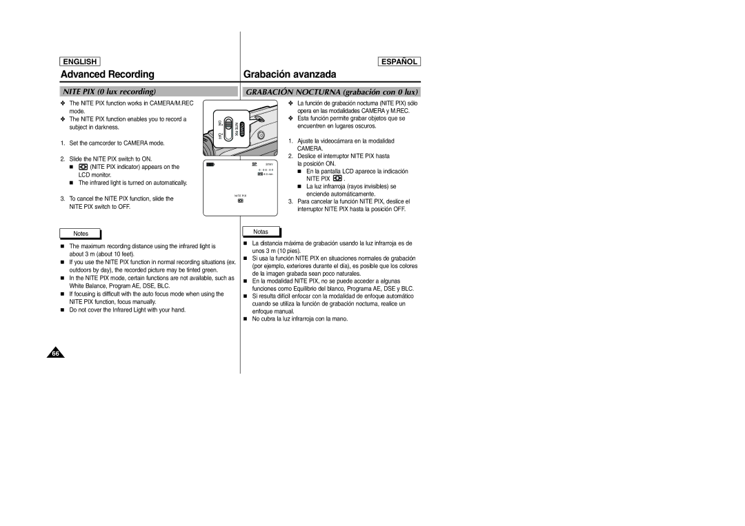 Samsung SCD305, SCD307 manual Nite PIX 0 lux recording, Grabación Nocturna grabación con 0 lux 