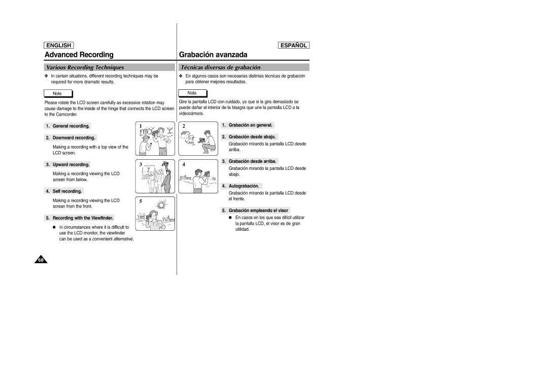 Samsung SCD305, SCD307 manual Various Recording Techniques, Técnicas diversas de grabación 