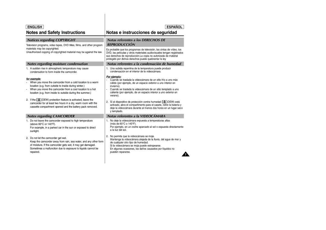 Samsung SCD307, SCD305 manual Notas e instrucciones de seguridad, Notas referentes a los Derechos DE Reproducción 