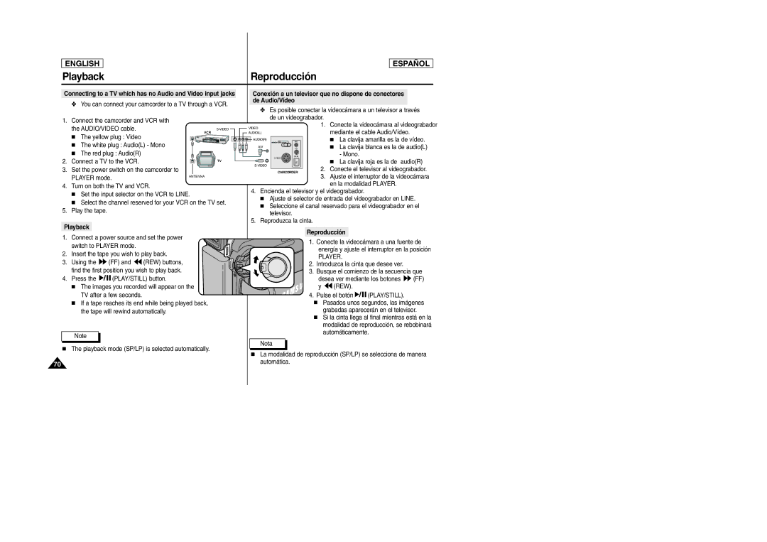 Samsung SCD305, SCD307 manual Playback Reproducción, De Audio/Vídeo, Play/Still 