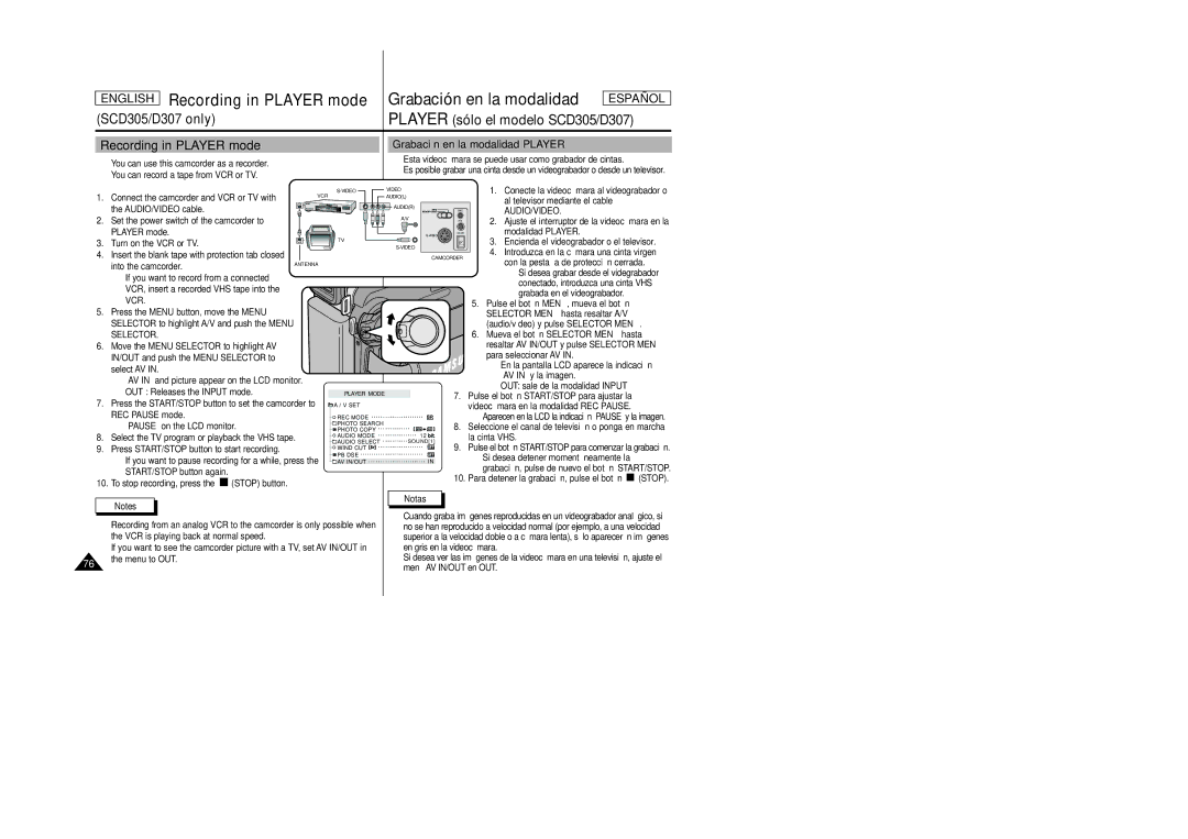 Samsung SCD307 manual Grabación en la modalidad, Player sólo el modelo SCD305/D307, Recording in Player mode 