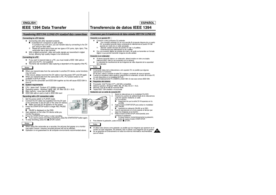 Samsung SCD307, SCD305 manual Ieee 1394 Data Transfer Transferencia de datos Ieee 