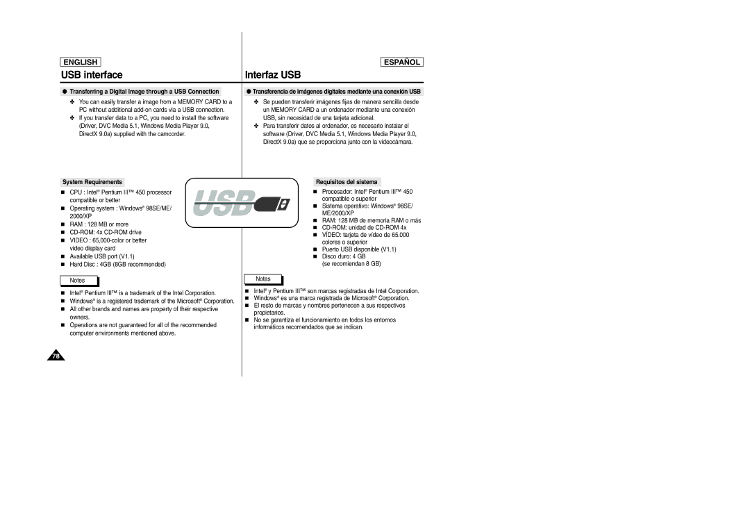 Samsung SCD305, SCD307 manual USB interface Interfaz USB, PC without additional add-on cards via a USB connection 