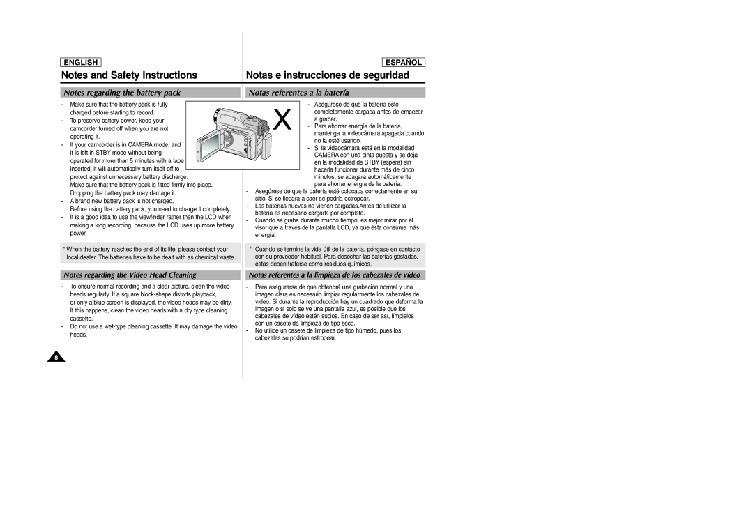 Samsung SCD305, SCD307 manual Notas e instrucciones de seguridad, Notas referentes a la batería 