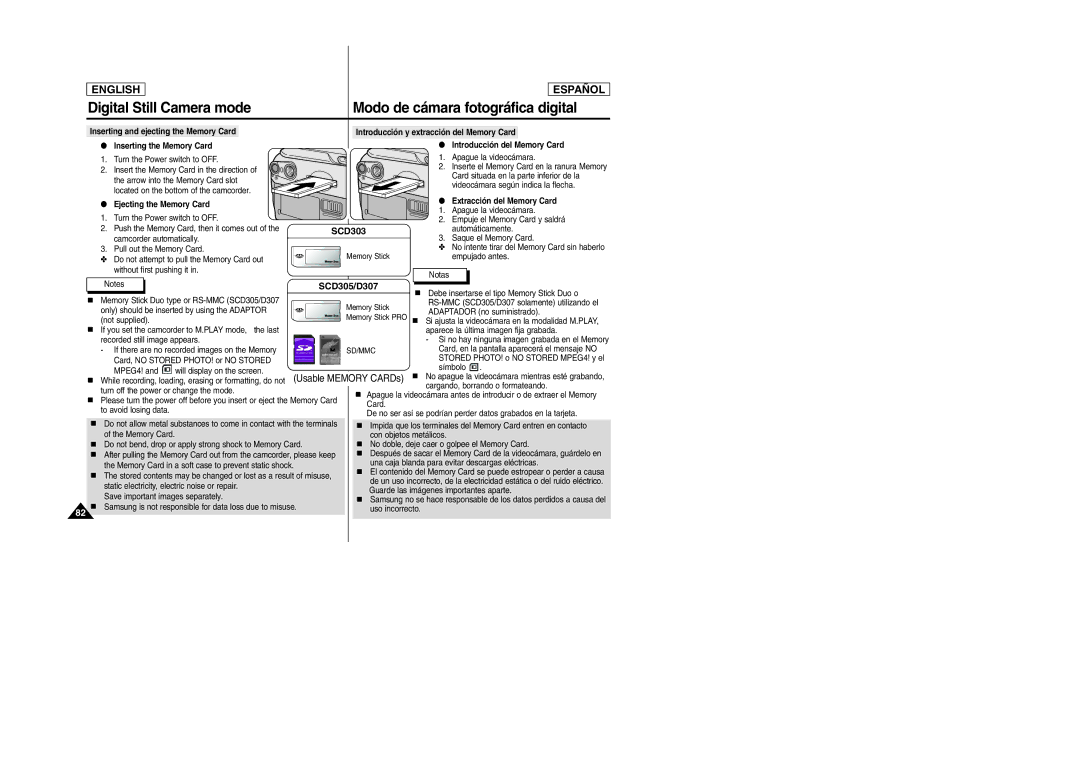 Samsung SCD305, SCD307 manual Ejecting the Memory Card, Extracción del Memory Card 