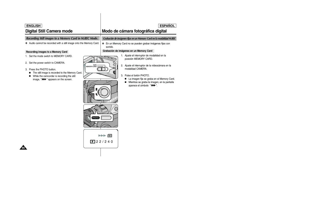 Samsung SCD305, SCD307 manual Recording images to a Memory Card, Grabación de imágenes en un Memory Card 