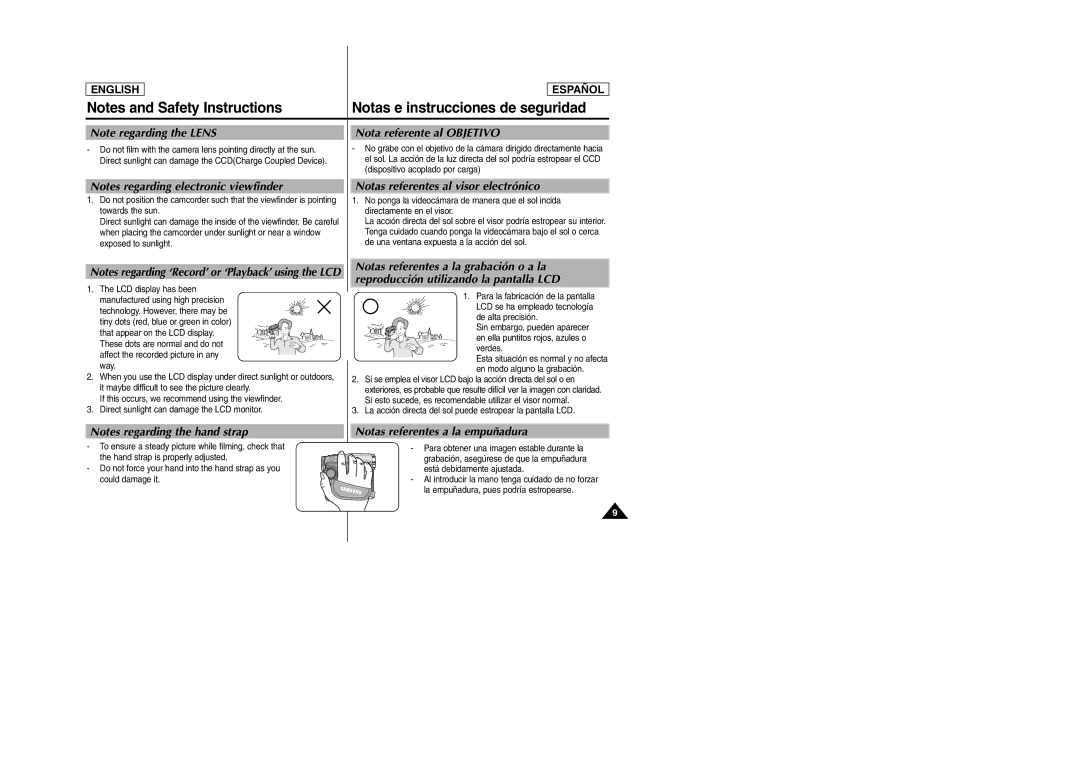 Samsung SCD307, SCD305 Nota referente al Objetivo, Notas referentes al visor electrónico, Notas referentes a la empuñadura 