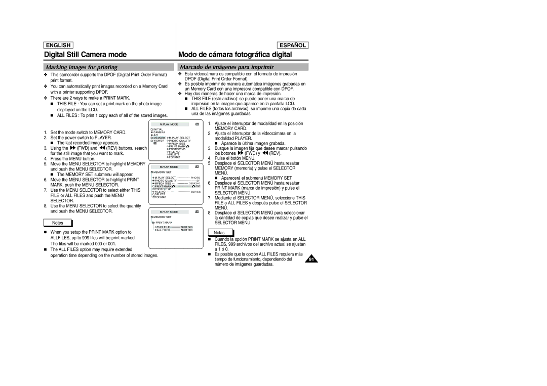 Samsung SCD307, SCD305 manual Marking images for printing, Marcado de imágenes para imprimir, Selector 