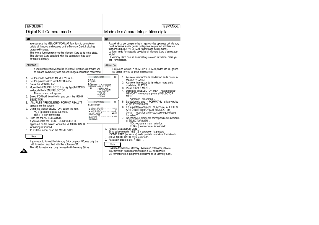 Samsung SCD305 Formatting the Memory Card, Formateado del Memory Card, Atención, ALL Files are DELETED! Format REALLY? 