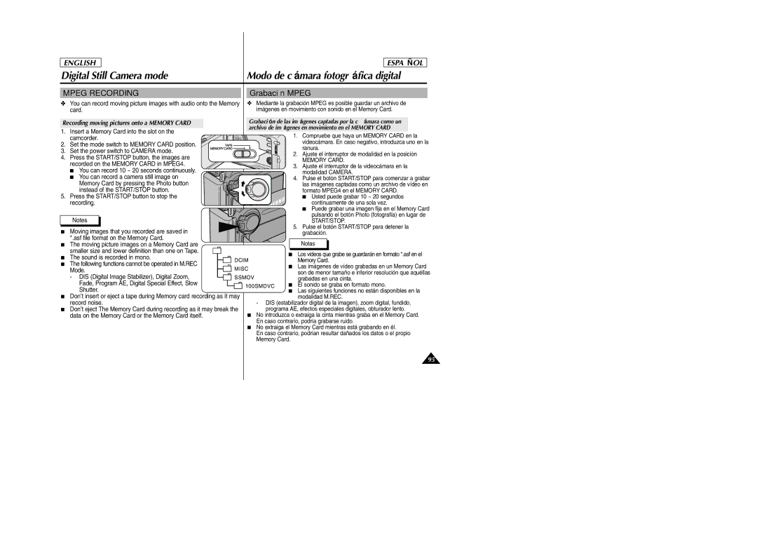 Samsung SCD307, SCD305 manual Grabación Mpeg, Recording moving pictures onto a Memory Card 