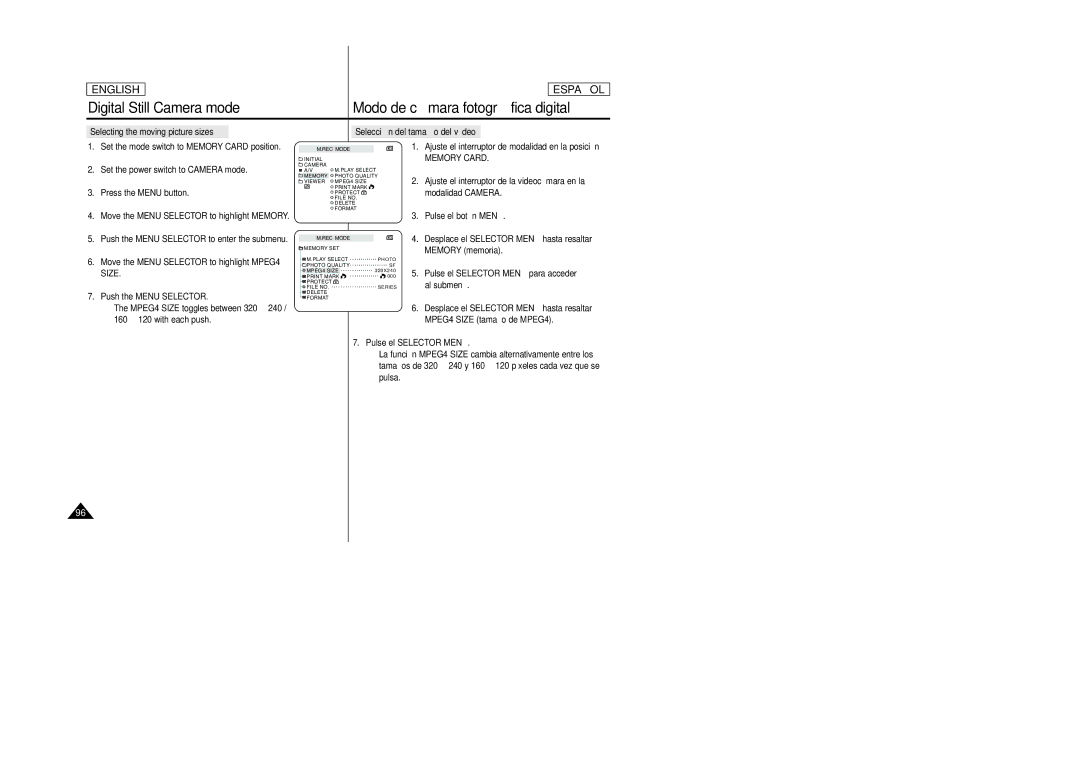 Samsung SCD305, SCD307 manual Set the power switch to Camera mode Press the Menu button, Size, 160 120 with each push 