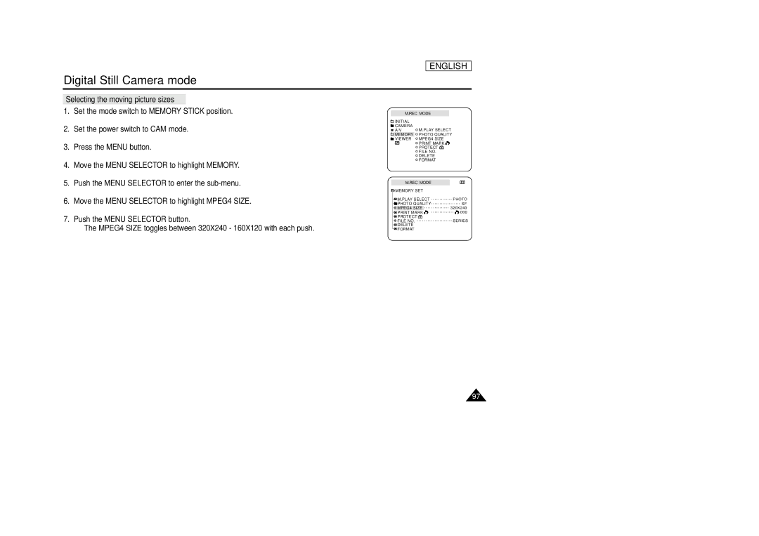 Samsung SCD33, SCD34, SCD39 manual Selecting the moving picture sizes 