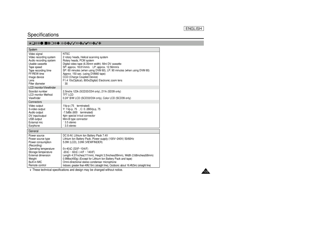 Samsung SCD33, SCD34, SCD39 manual Specifications, Model name SCD33/D34/D39 