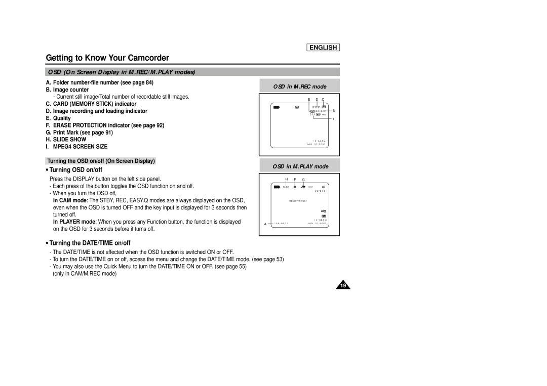 Samsung SCD34, SCD39 manual OSD On Screen Display in M.REC/M.PLAY modes, Folder number-file number see Image counter 