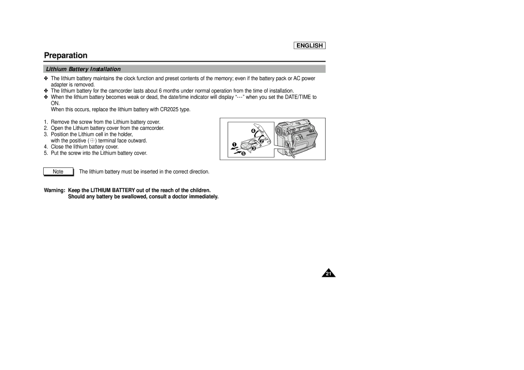 Samsung SCD33, SCD34, SCD39 manual Lithium Battery Installation 