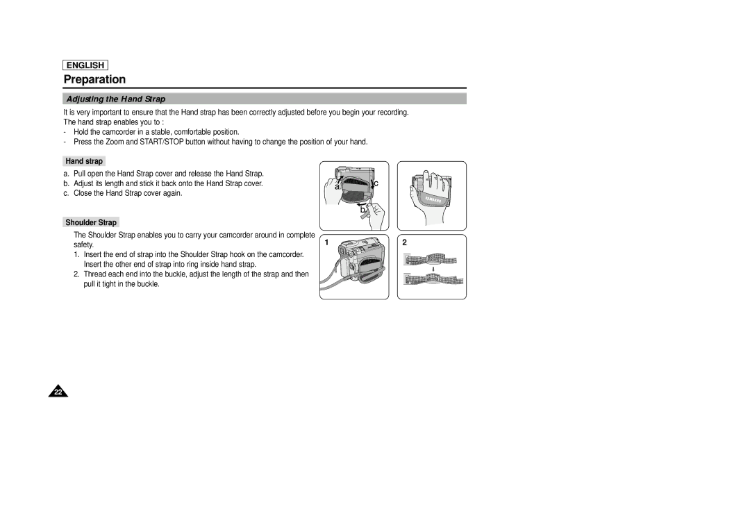 Samsung SCD33, SCD34, SCD39 manual Adjusting the Hand Strap, Hand strap, Shoulder Strap 