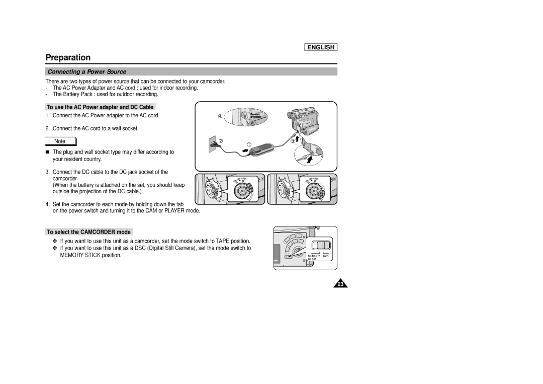 Samsung SCD33, SCD34, SCD39 manual Connecting a Power Source, To use the AC Power adapter and DC Cable 